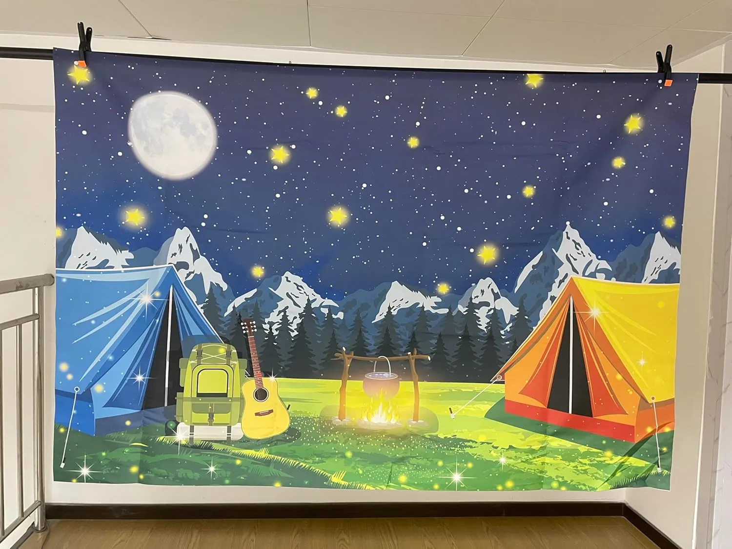 7x5FT Camping Campfire Party Backdrop Camp Bonfire Mountain Tent Background Boys Kids Teenagers Birthday Shower Classroom Outdoor Photo Shoot Banner