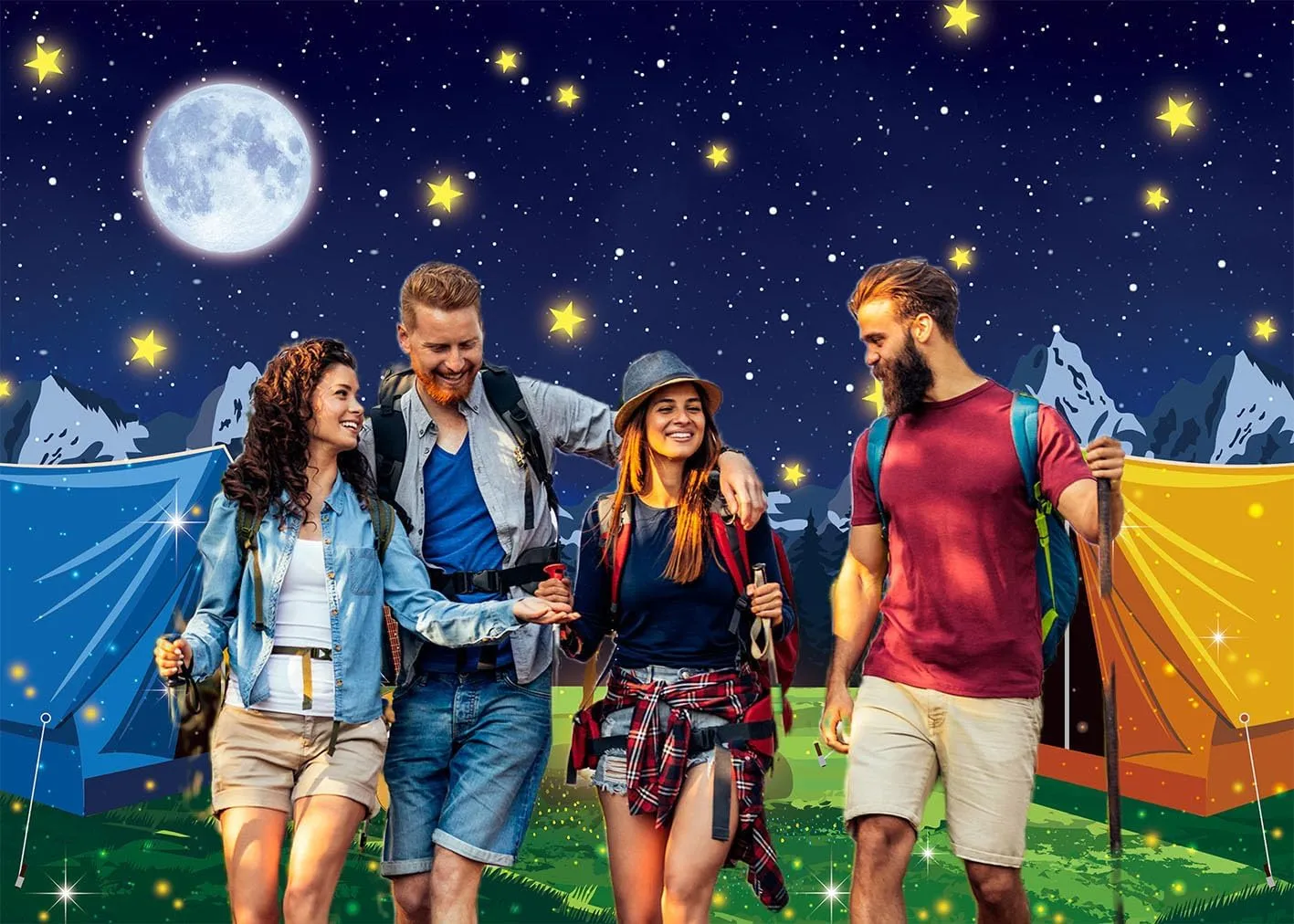 7x5FT Camping Campfire Party Backdrop Camp Bonfire Mountain Tent Background Boys Kids Teenagers Birthday Shower Classroom Outdoor Photo Shoot Banner