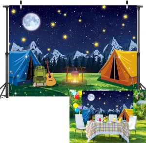 7x5FT Camping Campfire Party Backdrop Camp Bonfire Mountain Tent Background Boys Kids Teenagers Birthday Shower Classroom Outdoor Photo Shoot Banner