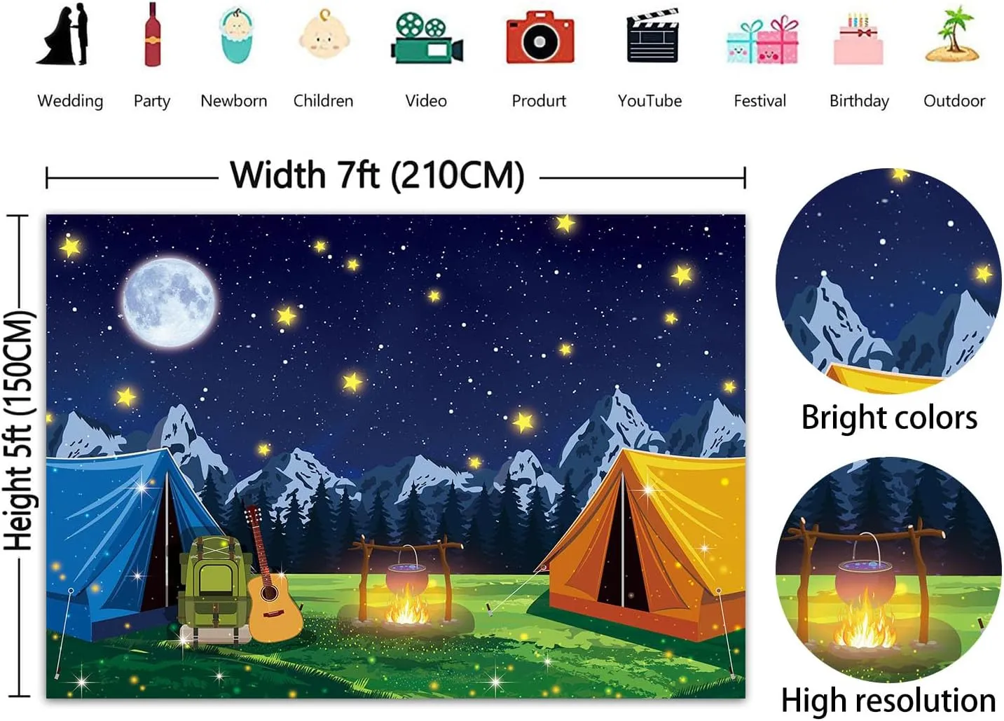 7x5FT Camping Campfire Party Backdrop Camp Bonfire Mountain Tent Background Boys Kids Teenagers Birthday Shower Classroom Outdoor Photo Shoot Banner
