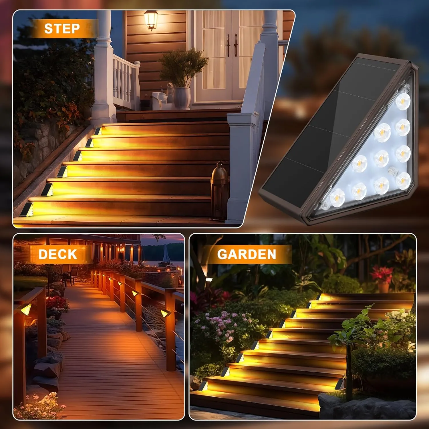 8 Pack Solar Stair Lights, Outdoor Step Lights with Waterproof IP67, Warm White LED Solar Light for Outside Light Decor for Stair, Deck, Front Step, Front Porch, Patio and Backyard