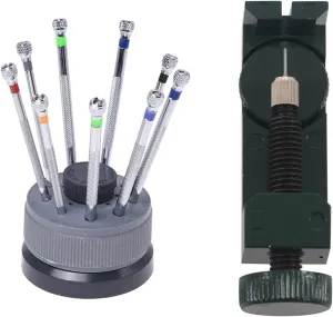 9 Pcs Base Table Repair Tool Screwdriver Set & 1 Pcs Metal Link Pin Remover Adjuster Watch Band Bracelet Strap Parts Watch Repair Tool Kits