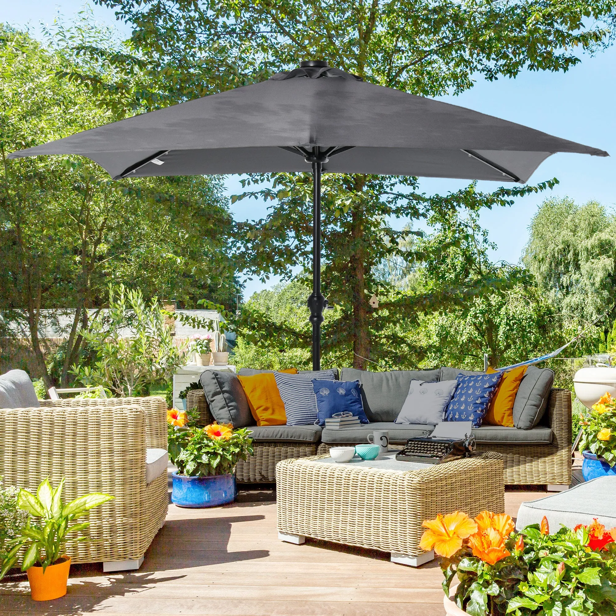 9' x 7' Solar Umbrella with LED Lighted, Tilt & Crank, Dark Gray