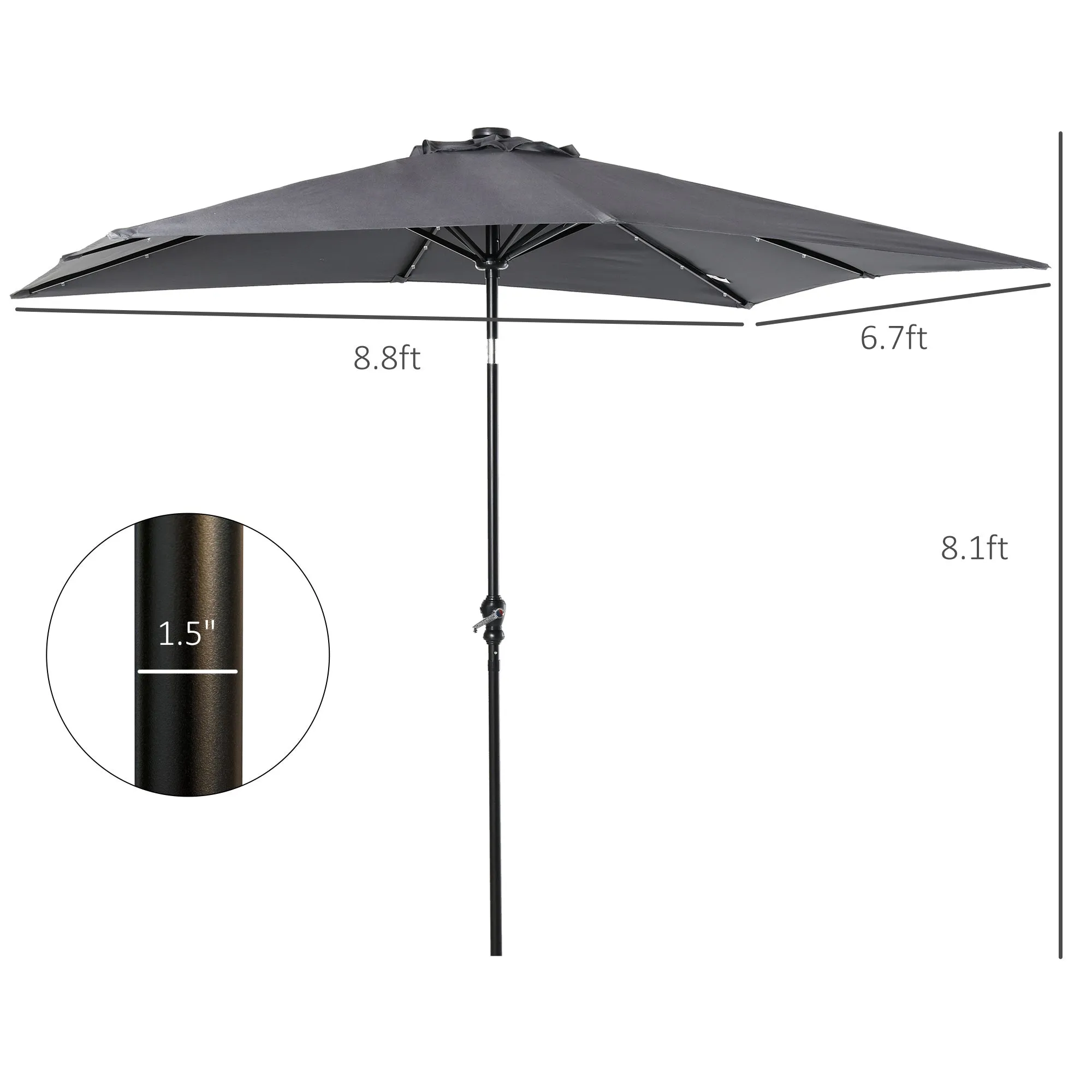9' x 7' Solar Umbrella with LED Lighted, Tilt & Crank, Dark Gray