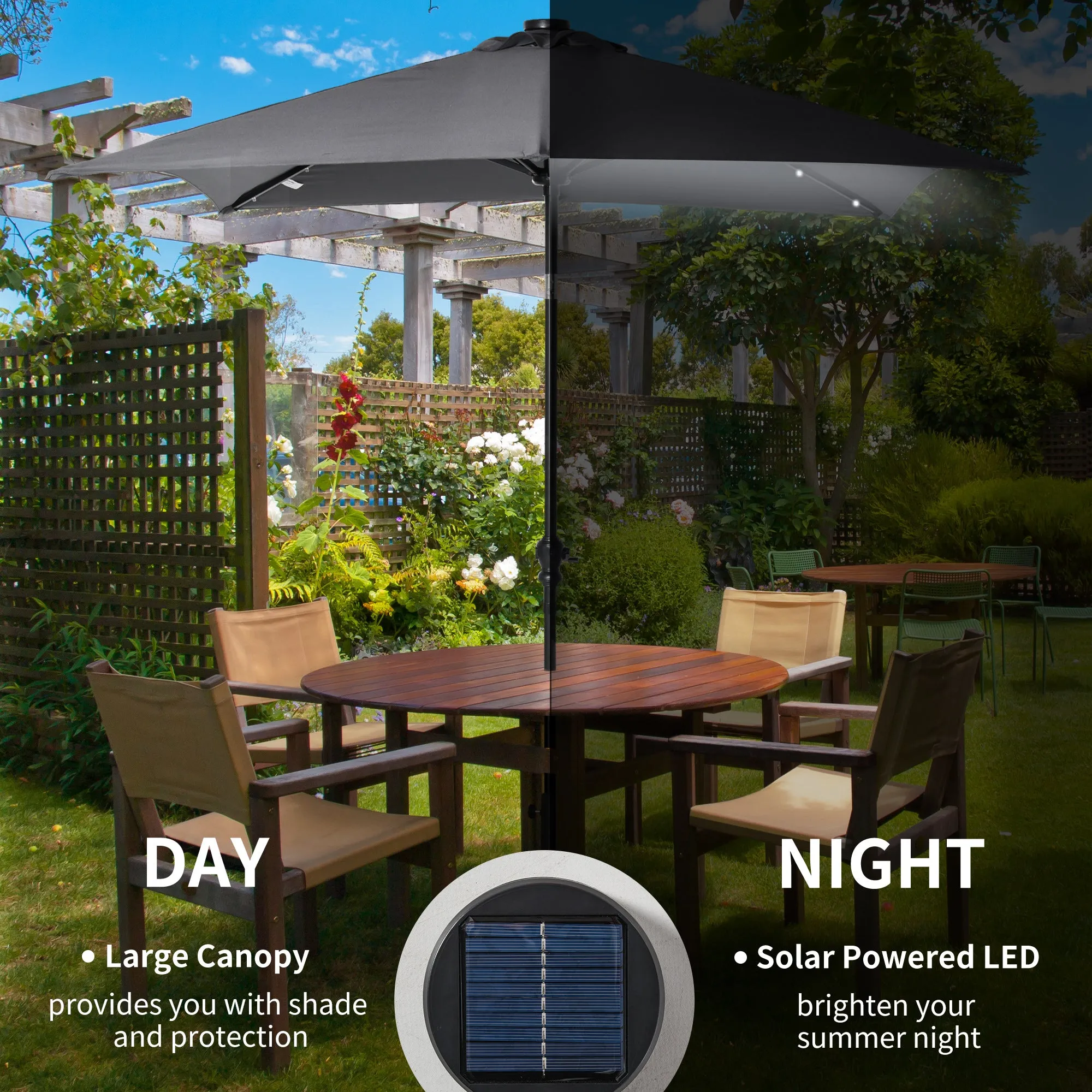 9' x 7' Solar Umbrella with LED Lighted, Tilt & Crank, Dark Gray