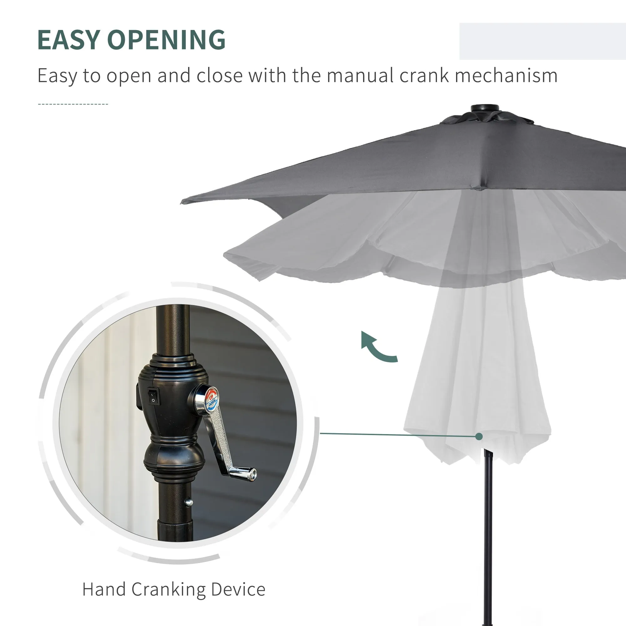 9' x 7' Solar Umbrella with LED Lighted, Tilt & Crank, Dark Gray