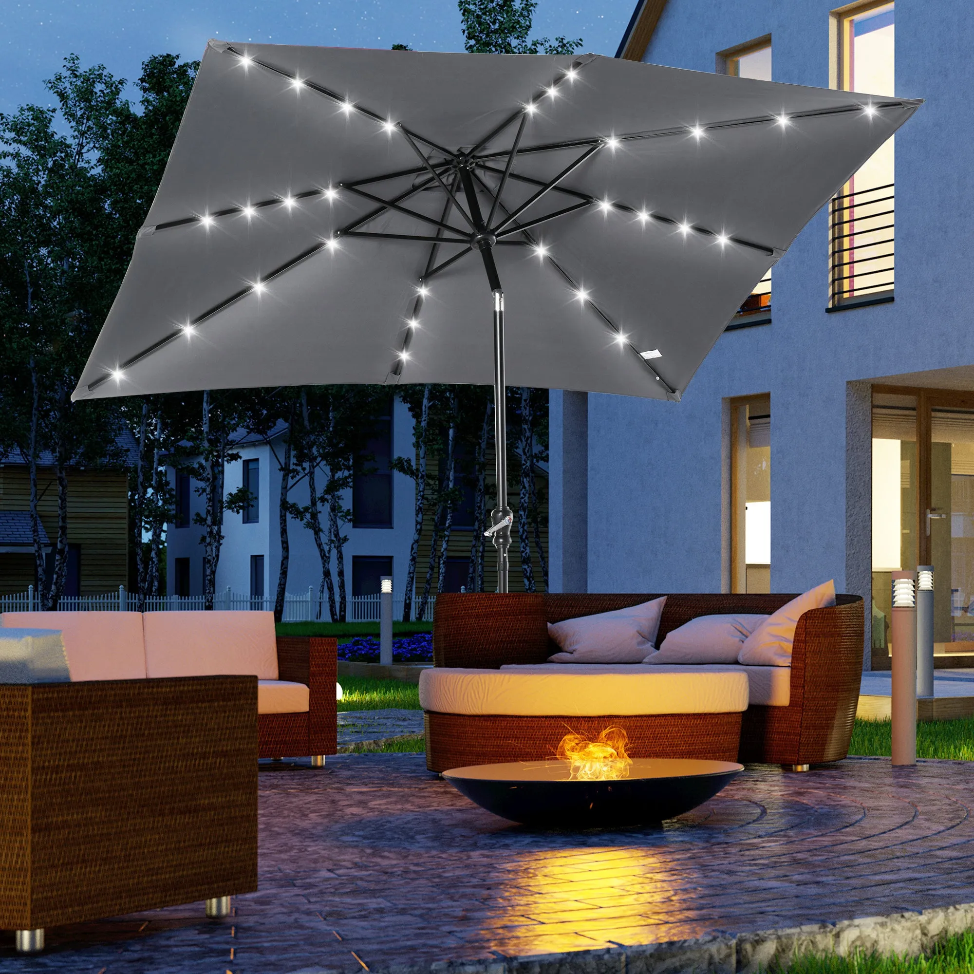 9' x 7' Solar Umbrella with LED Lighted, Tilt & Crank, Dark Gray