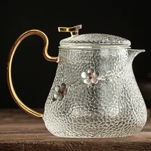 900ml Glass Hammer Pattern Flower Filter Teapot Household Heat Resistant Kettle Tea Set