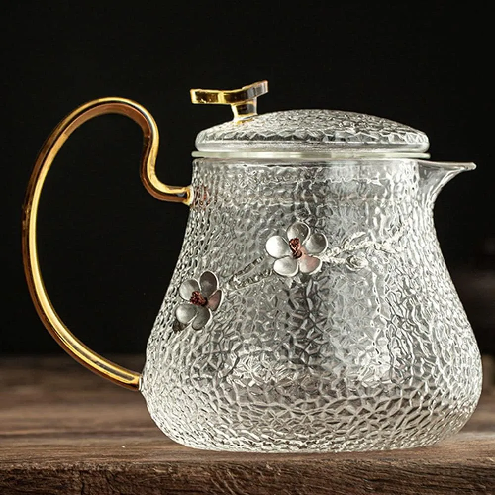 900ml Glass Hammer Pattern Flower Filter Teapot Household Heat Resistant Kettle Tea Set