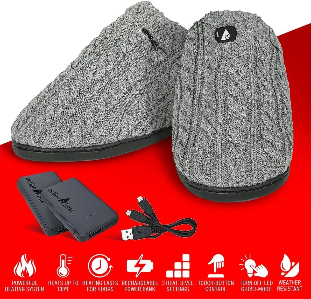 ActionHeat 5V Cable Knit Heated Slippers – Rechargeable Battery-Operated Winter Shoes for Home – Up to 130°F Heating