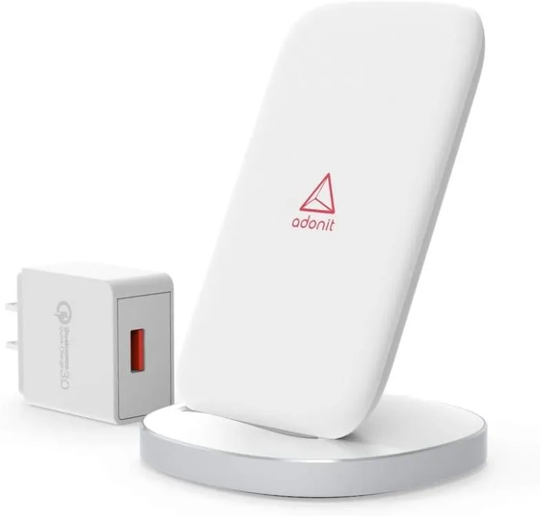 Adonit Charger Stand (White) Fast Charging Qi-Certified for iPhone 12, 12 Pro, 11, 11 Pro, Pro Max, XR, Xs Max, XS, X, 8, 8 Plus, Galaxy S20 S10 S9 S8, Note 10 (Included QC Adapter)