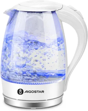 Aigostar Electric Kettle, 1500W Cordless Electric Tea and Hot Water Kettle with Filter, LED Illuminated, High Borosilicate Glass, No BPA, Auto Shutoff, Boil-Dry Protection, 360° Base, 1.7 Liter