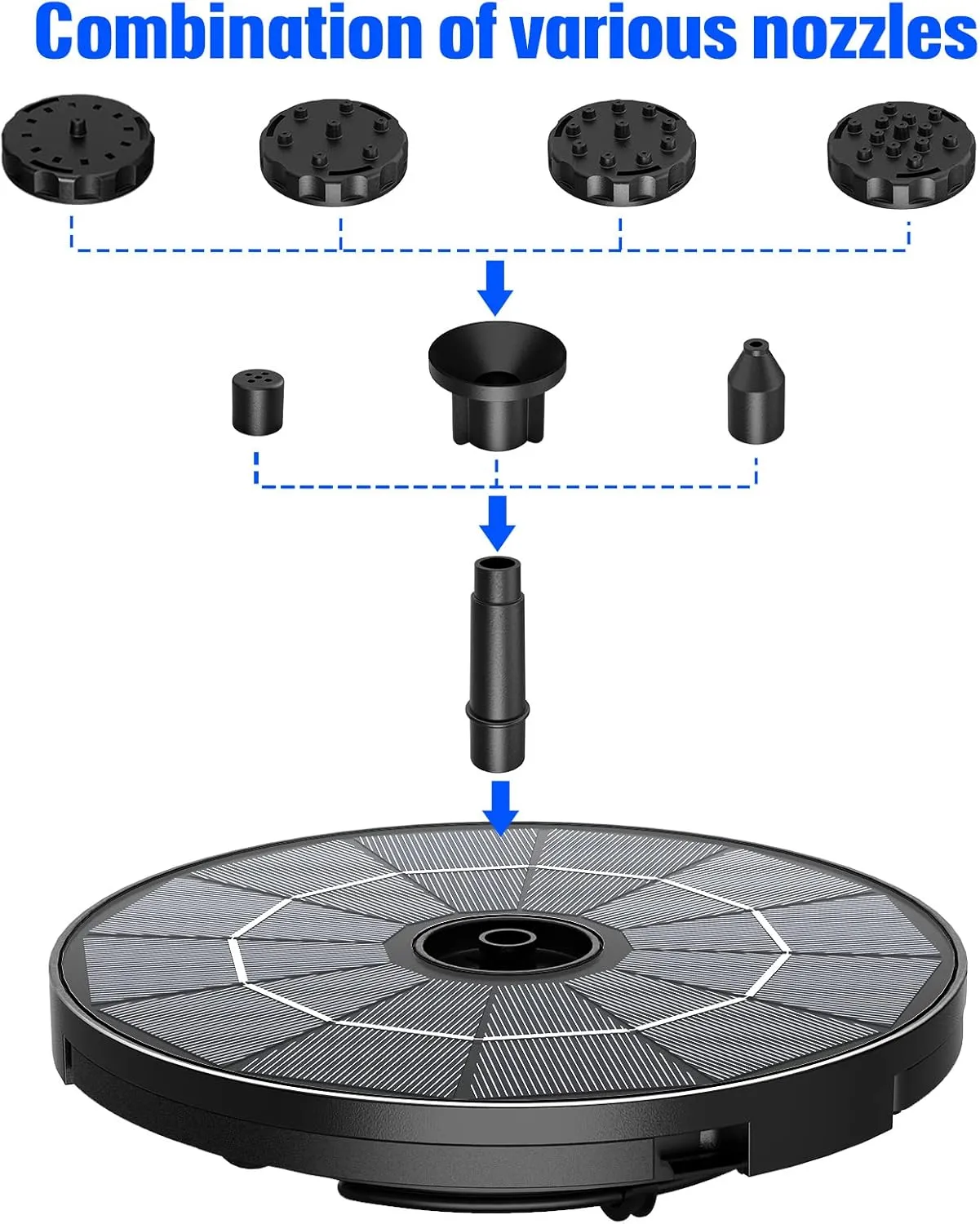 AISITIN 2.8W Solar Fountain Pump for Water Feature with 3.9ft Cord, Solar Bird Bath Fountain with 6 Nozzles, Solar Powered Water Fountain for Bird Bath, Garden, Ponds Fish Tank and Outdoor