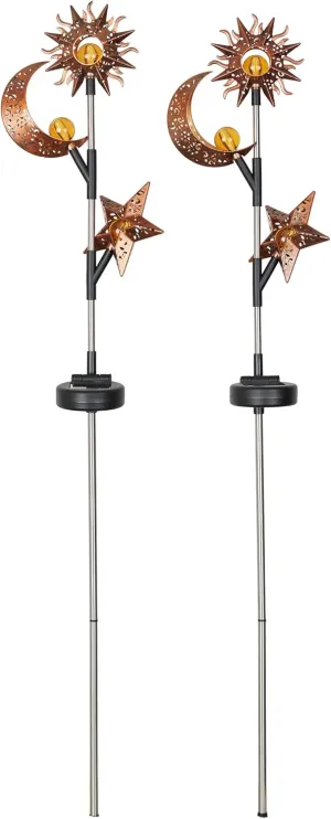 Alpine Corporation SBY100SLR-2 Celestial Solar LED Stake, Sun, Moon, and Star Pathway Lighting for Walkway, 38" H, Black, Set of 2