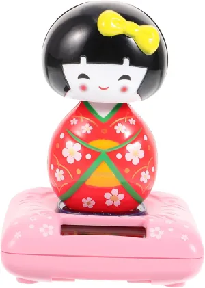 Amosfun Solar Powered Bobble Shaking Head Dancing Toy Japanese Kokeshi Doll Figurines Statues Car Dash Board Decorations Red