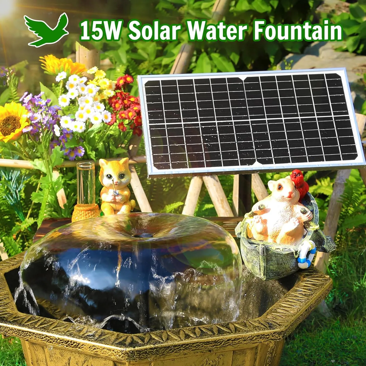 AMZtime 15W Solar Water Pump Fountain, DIY Solar Powered Fountain Pump Kit, Solar Fountain Pump with Upgraded Glass Solar Panels for Birdbath, Pool, Hydroponics, Fish Pond, Garden, Waterfall