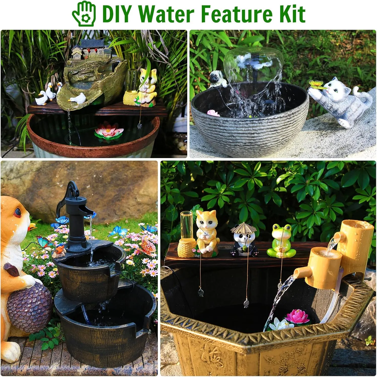 AMZtime 15W Solar Water Pump Fountain, DIY Solar Powered Fountain Pump Kit, Solar Fountain Pump with Upgraded Glass Solar Panels for Birdbath, Pool, Hydroponics, Fish Pond, Garden, Waterfall