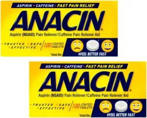 Anacin Fast Pain Relief Pain Reducer Aspirin Tablets, 100 Tabs (Value Pack of 2)