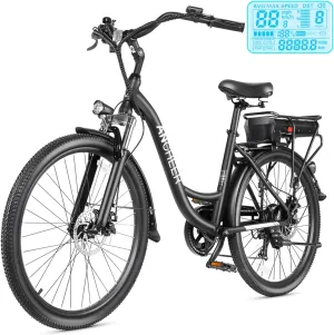 ANCHEER Electric Bike for Adults, 48V 500Wh EBike, UP to 60 Miles, Removable Battery, Fast-Charge, 26" Commuter Electric Bicycles, 7-Speed, LCD Digital Display, Suspension Fork, Cruise Control, UL2849