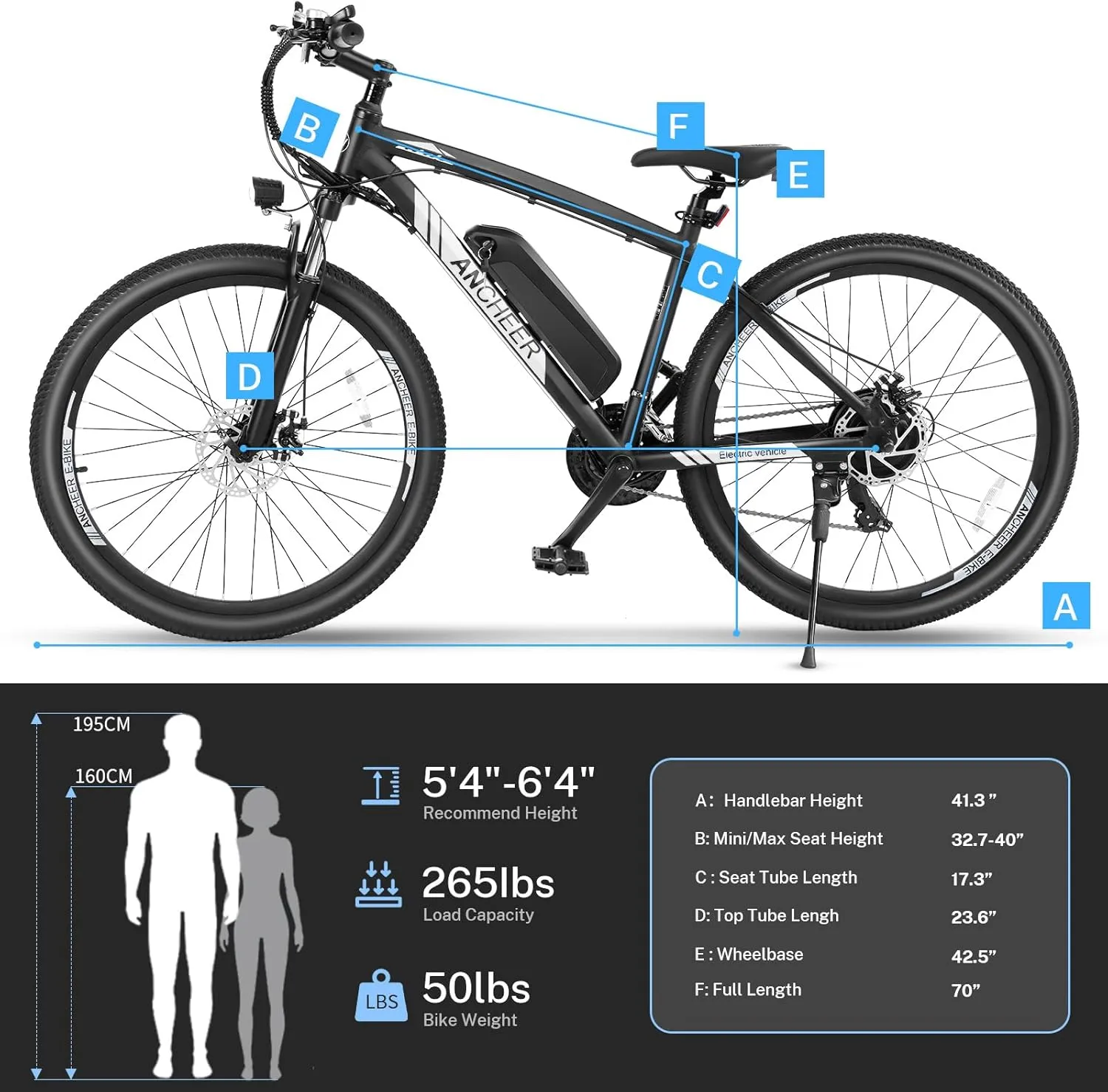 ANCHEER Electric Bike for Adults, Peak 750W Ebike, 3 Hours Fast Charge, 60 Miles Electric Bicycle with 48V/499Wh Battery, 27.5 ''Hummmer Electric Mountain Bike with LCD Display, 21/24 Speed