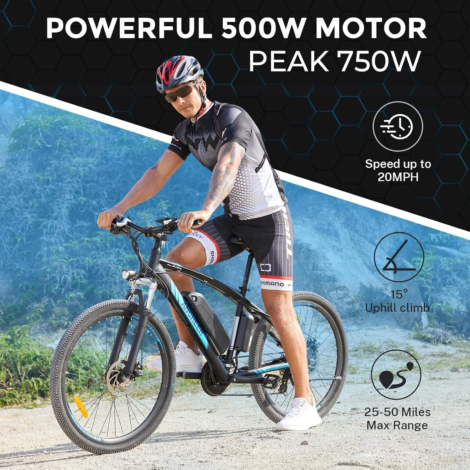 ANCHEER Electric Bike for Adults, Peak 750W Ebike, 3 Hours Fast Charge, 60 Miles Electric Bicycle with 48V/499Wh Battery, 27.5 ''Hummmer Electric Mountain Bike with LCD Display, 21/24 Speed