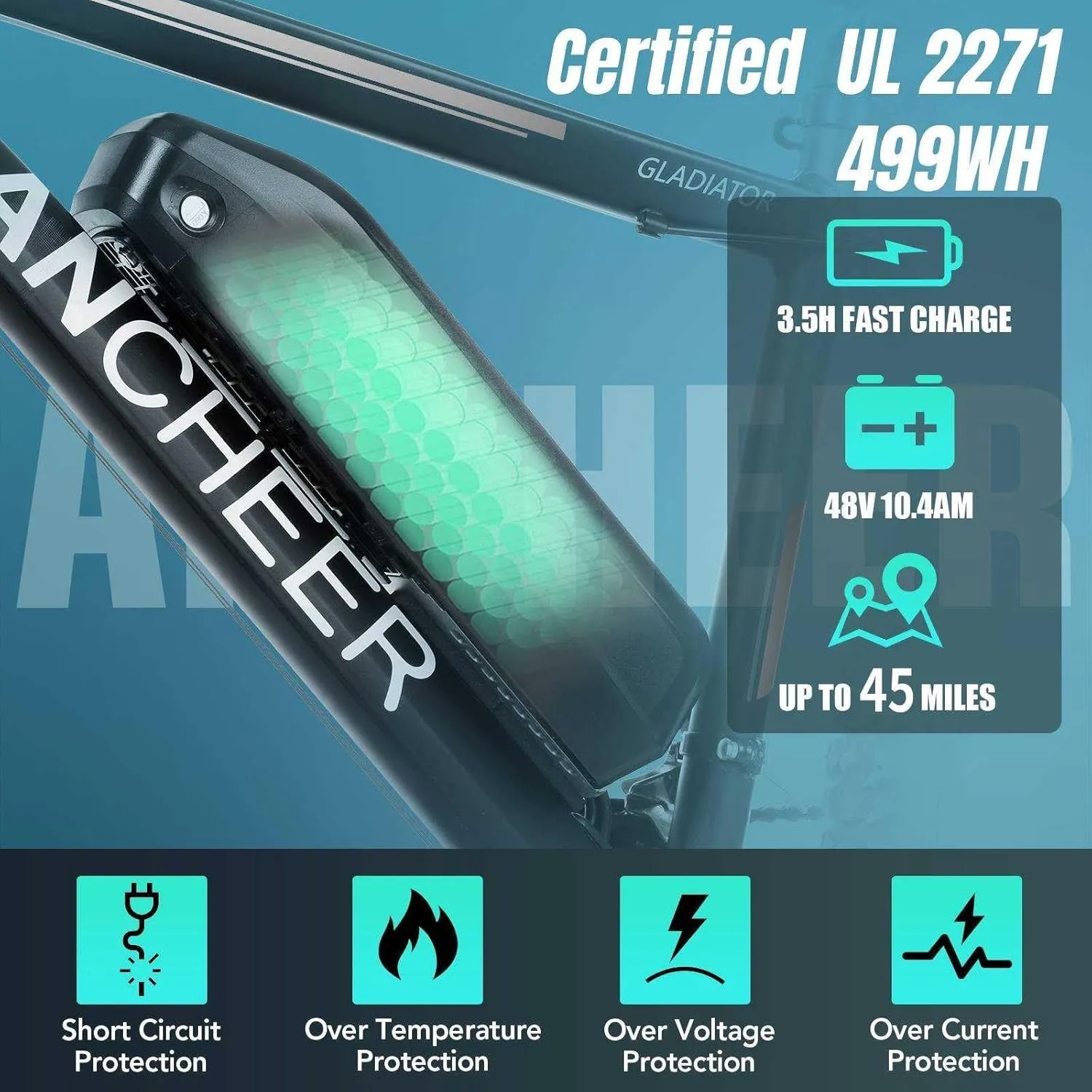 ANCHEER Electric Bike for Adults, Peak 750W Ebike, 3H Fast Charge, 55 Miles, 22MPH Electric Bicycle, 48V 499Wh Battery, 26" Gladiator Electric Mountain Bike, 21Speed, UL 2849 Certified