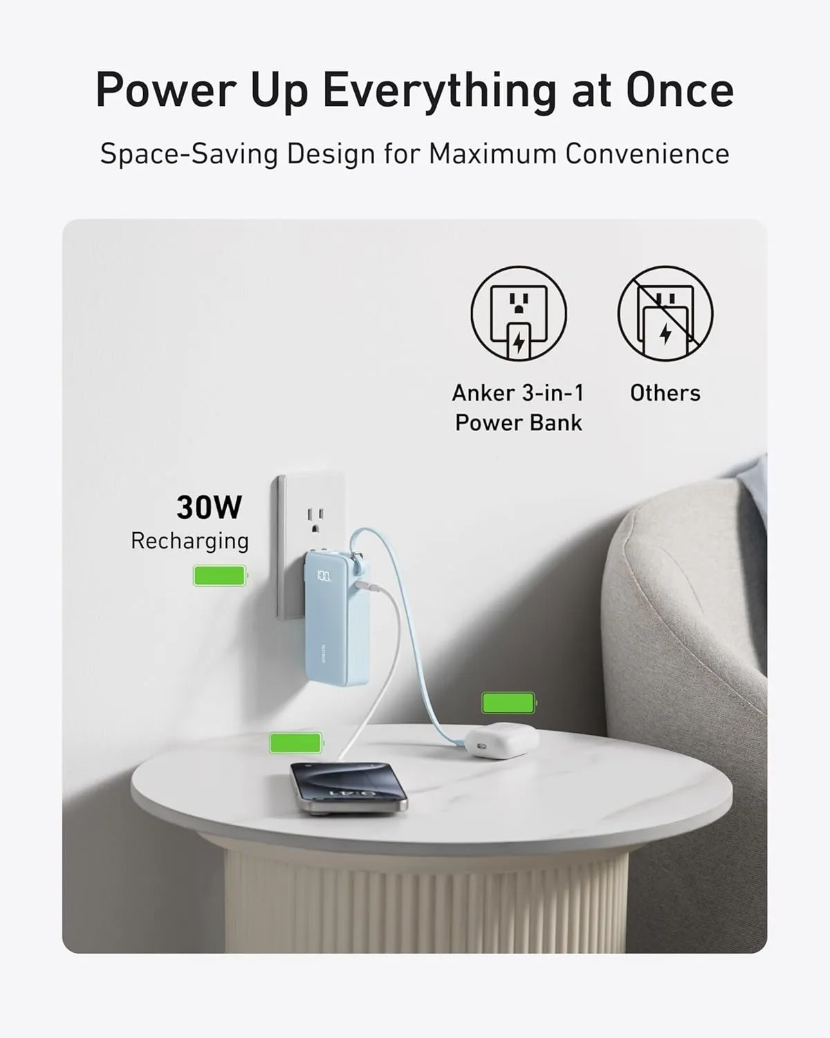 ANKER Nano 3-in-1 Portable iPhone Charger, 10,000mAh Power Bank with Built-in USB-C Cable and Foldable Wall Plug, 30W Max Battery Pack, Travel Essentials for iPhone 16/15 Series, Galaxy, MacBook
