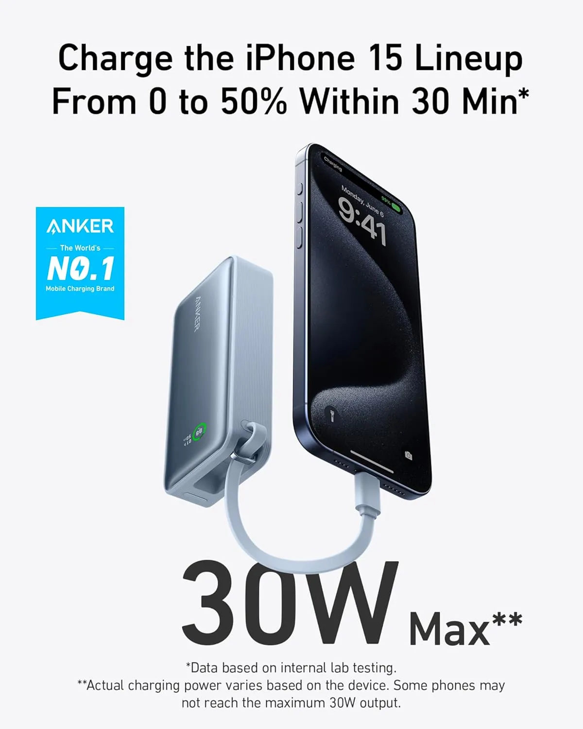 ANKER Nano Power Bank, 10,000mAh Portable Charger with Built-in USB-C Cable, 30W Recharging, 30W Max Output with USB-C&A, for iPhone 16/15 Series, MacBook, Galaxy, AirPods, and More