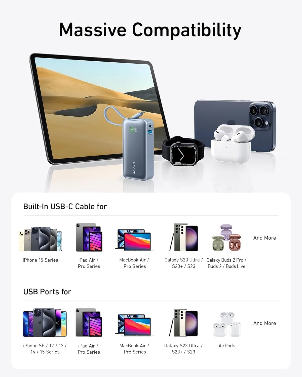 ANKER Nano Power Bank, 10,000mAh Portable Charger with Built-in USB-C Cable, 30W Recharging, 30W Max Output with USB-C&A, for iPhone 16/15 Series, MacBook, Galaxy, AirPods, and More