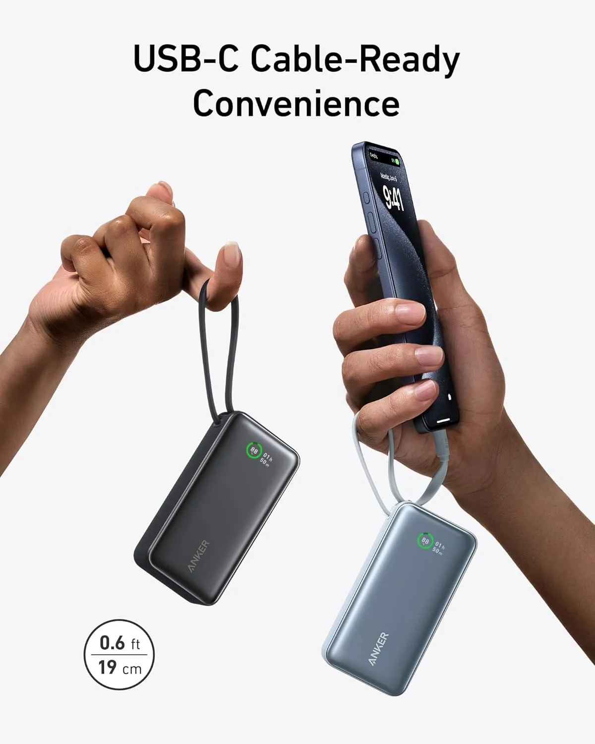 ANKER Nano Power Bank, 10,000mAh Portable Charger with Built-in USB-C Cable, 30W Recharging, 30W Max Output with USB-C&A, for iPhone 16/15 Series, MacBook, Galaxy, AirPods, and More