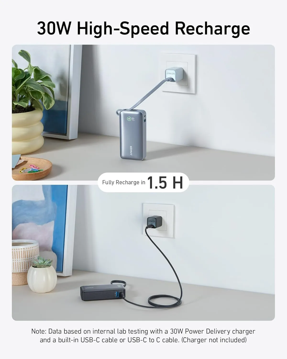 ANKER Nano Power Bank, 10,000mAh Portable Charger with Built-in USB-C Cable, 30W Recharging, 30W Max Output with USB-C&A, for iPhone 16/15 Series, MacBook, Galaxy, AirPods, and More