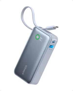ANKER Nano Power Bank, 10,000mAh Portable Charger with Built-in USB-C Cable, 30W Recharging, 30W Max Output with USB-C&A, for iPhone 16/15 Series, MacBook, Galaxy, AirPods, and More