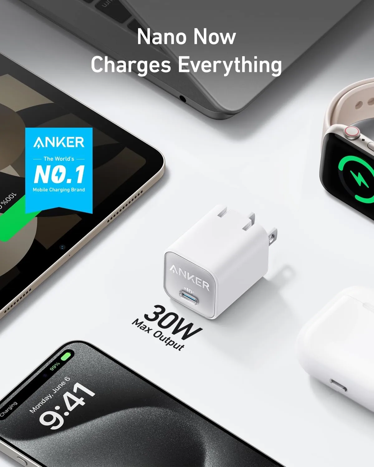 Anker Nano USB C Charger Block, 30W PIQ 3.0 Foldable iPhone Charger Fast Charging for iPhone 16/15 Series, Galaxy, iPad, Compatible with MagSafe