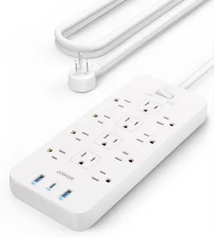 Anker Power Strip Surge Protector (2100J), 12 Outlets with 3 USB Ports for iPhone 15/15 Plus/15 Pro/15 Pro Max, 5ft, Flat Plug, 20W Power Delivery Charging for Home, Office, TUV Listed(White)