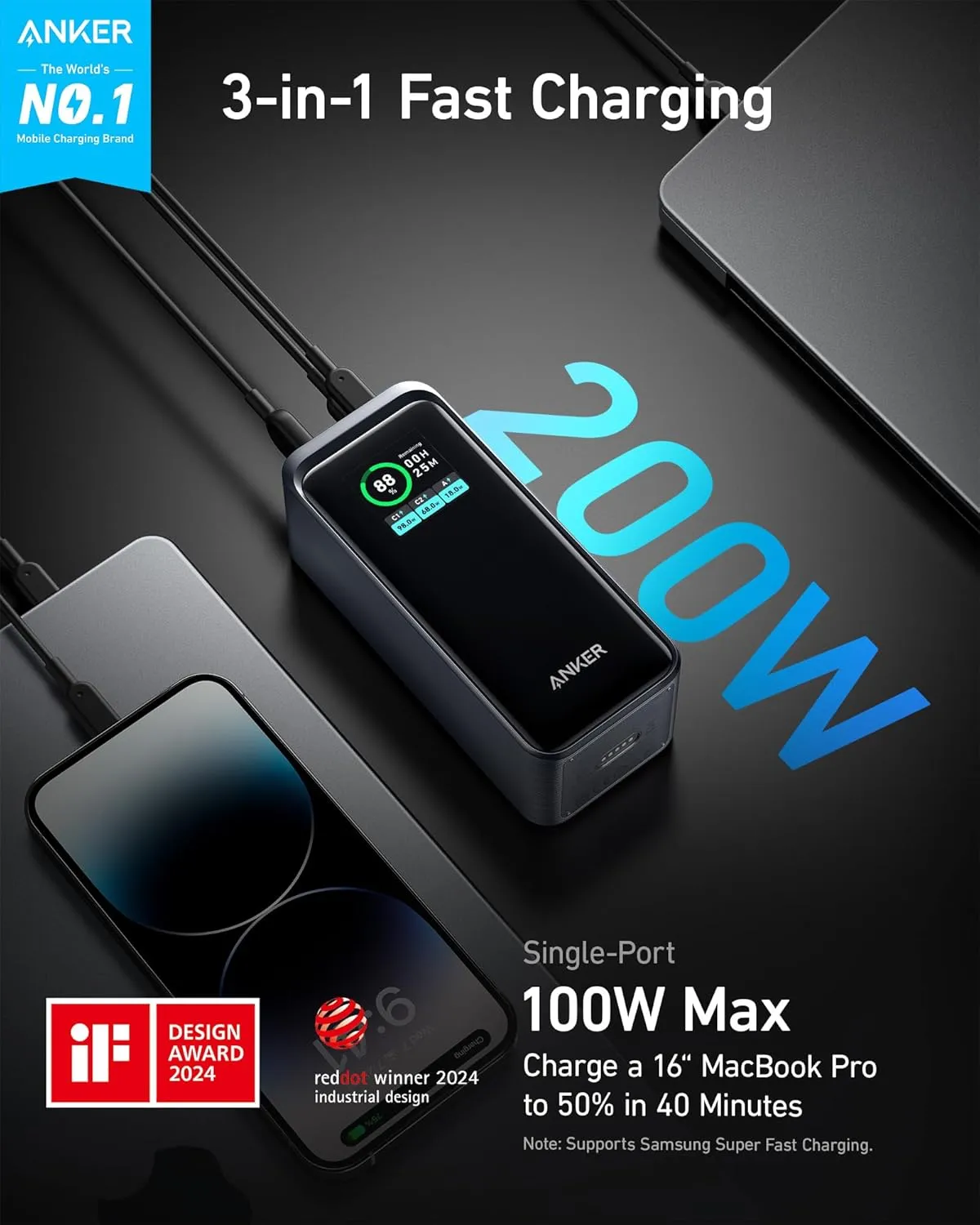 ANKER Prime Power Bank 200W, 20,000mAh Portable Charger 3-Port with 100W Charging Base, Smart Digital Display, Compatible with iPhone 16/15/15 Plus/15 Pro/15 Pro Max/14 Series, MacBook, Samsung, Dell