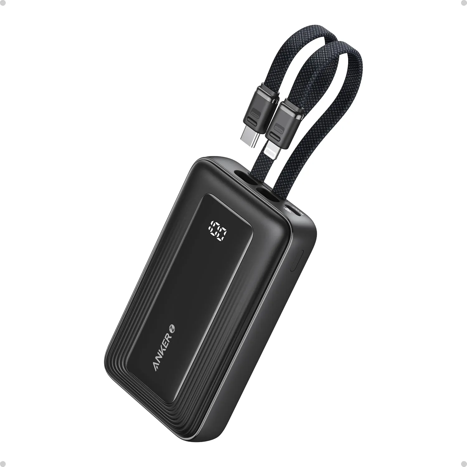 ANKER Zolo Power Bank, 20,000mAh 30W Max Fast Portable Charger with Built-in USB-C and MFi Certified Lightning Cables, USB-C&A, Battery Pack for iPhone 16/15 Series, MacBook, Galaxy (Black)