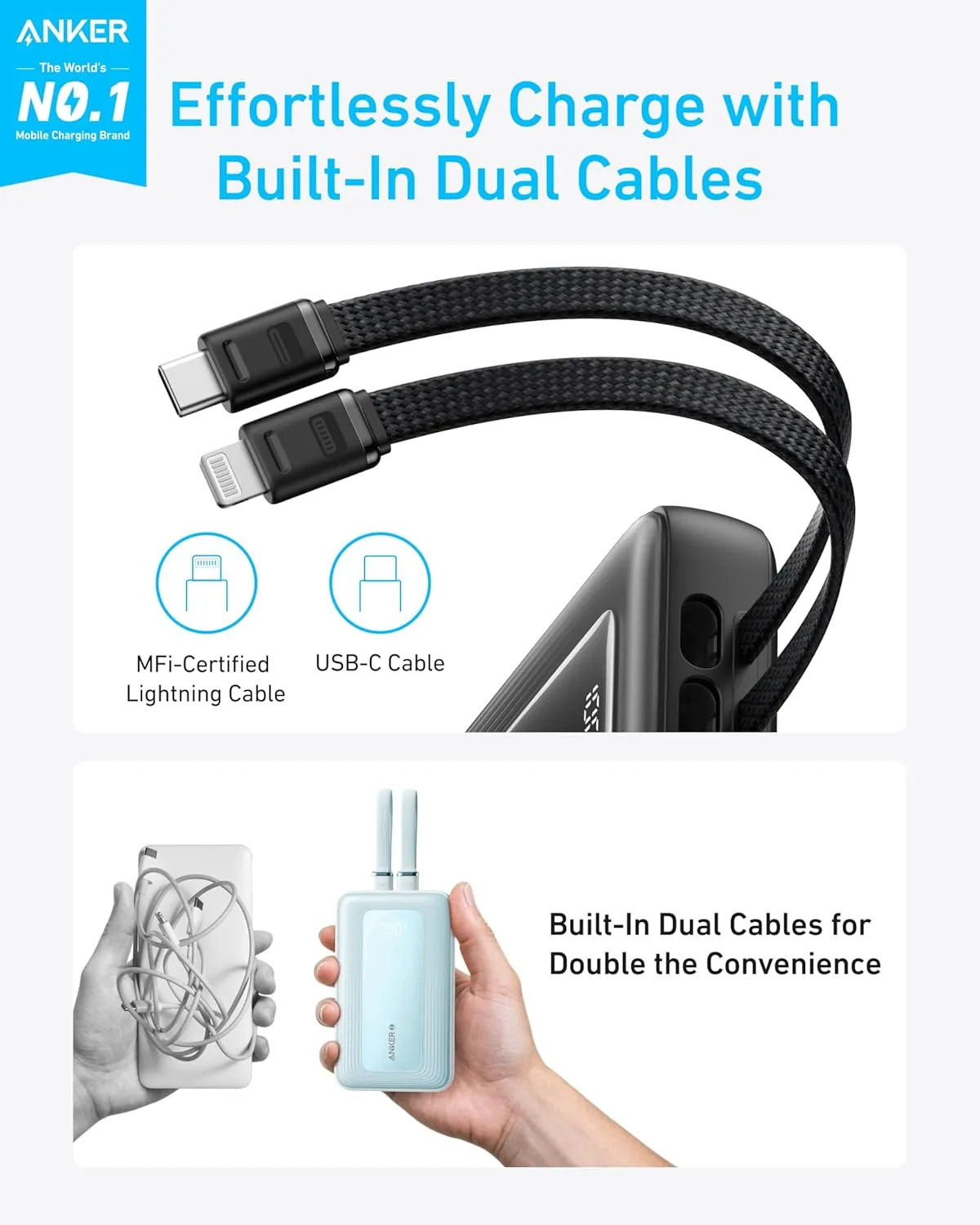 ANKER Zolo Power Bank, 20,000mAh 30W Max Fast Portable Charger with Built-in USB-C and MFi Certified Lightning Cables, USB-C&A, Battery Pack for iPhone 16/15 Series, MacBook, Galaxy (Black)