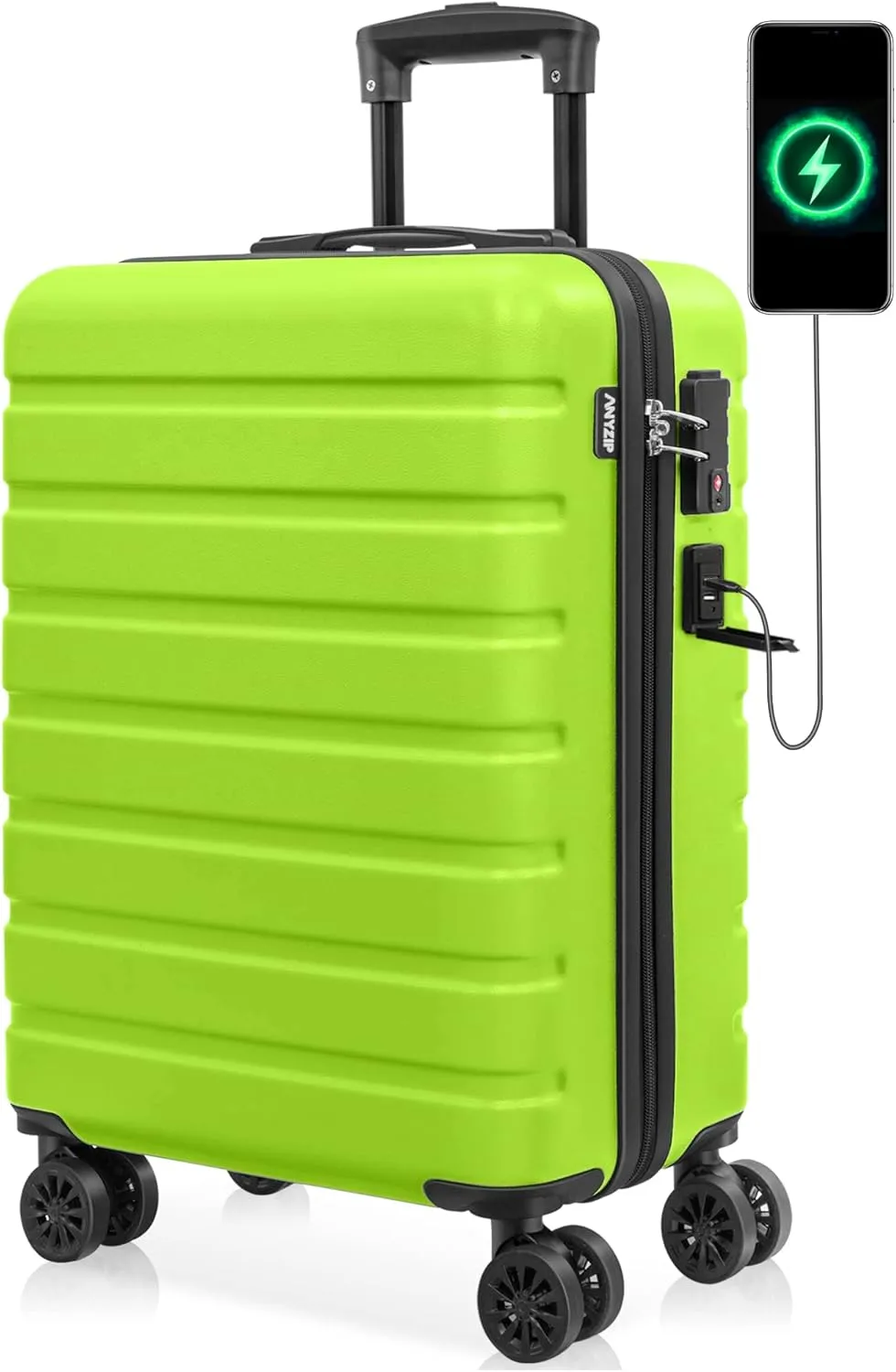 AnyZip Carry On Luggage 21" Hardside PC ABS Lightweight USB Suitcase with Wheels TSA Lock for kids AppleGreen