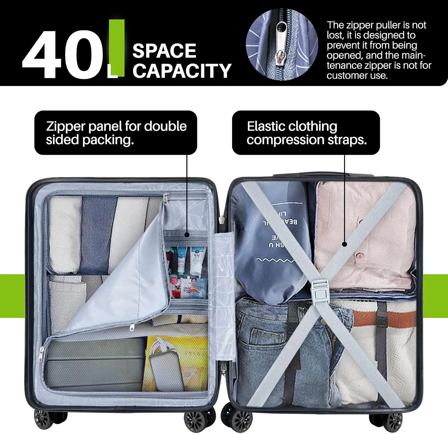 AnyZip Carry On Luggage 21" Hardside PC ABS Lightweight USB Suitcase with Wheels TSA Lock for kids AppleGreen