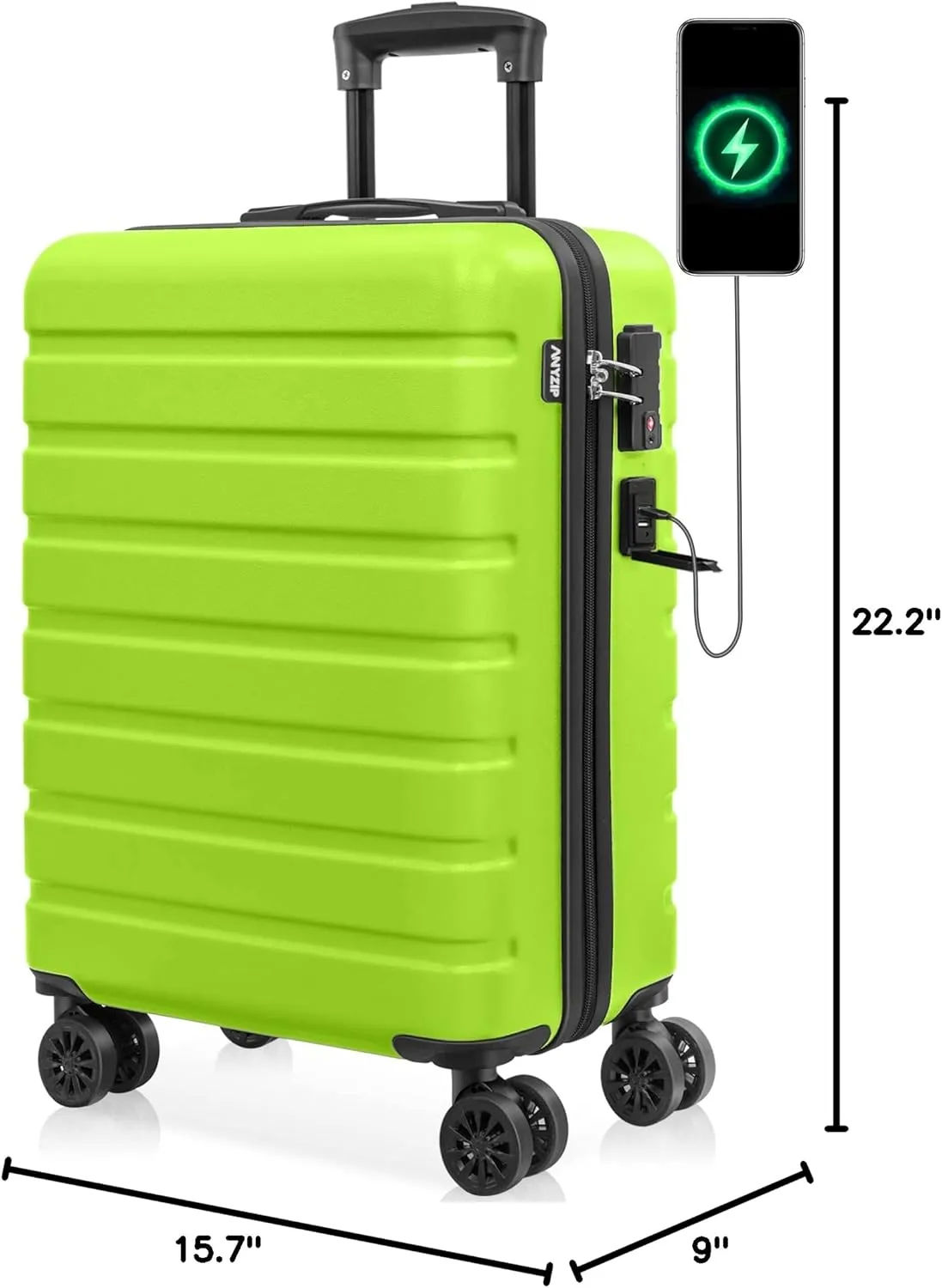 AnyZip Carry On Luggage 21" Hardside PC ABS Lightweight USB Suitcase with Wheels TSA Lock for kids AppleGreen