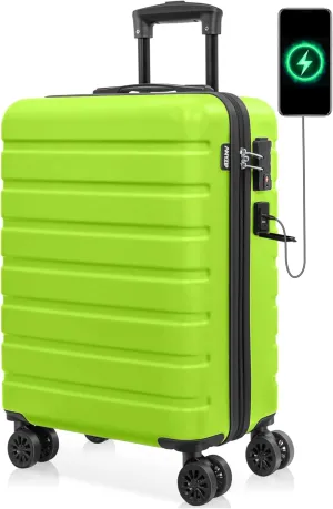 AnyZip Carry On Luggage 21" Hardside PC ABS Lightweight USB Suitcase with Wheels TSA Lock for kids AppleGreen
