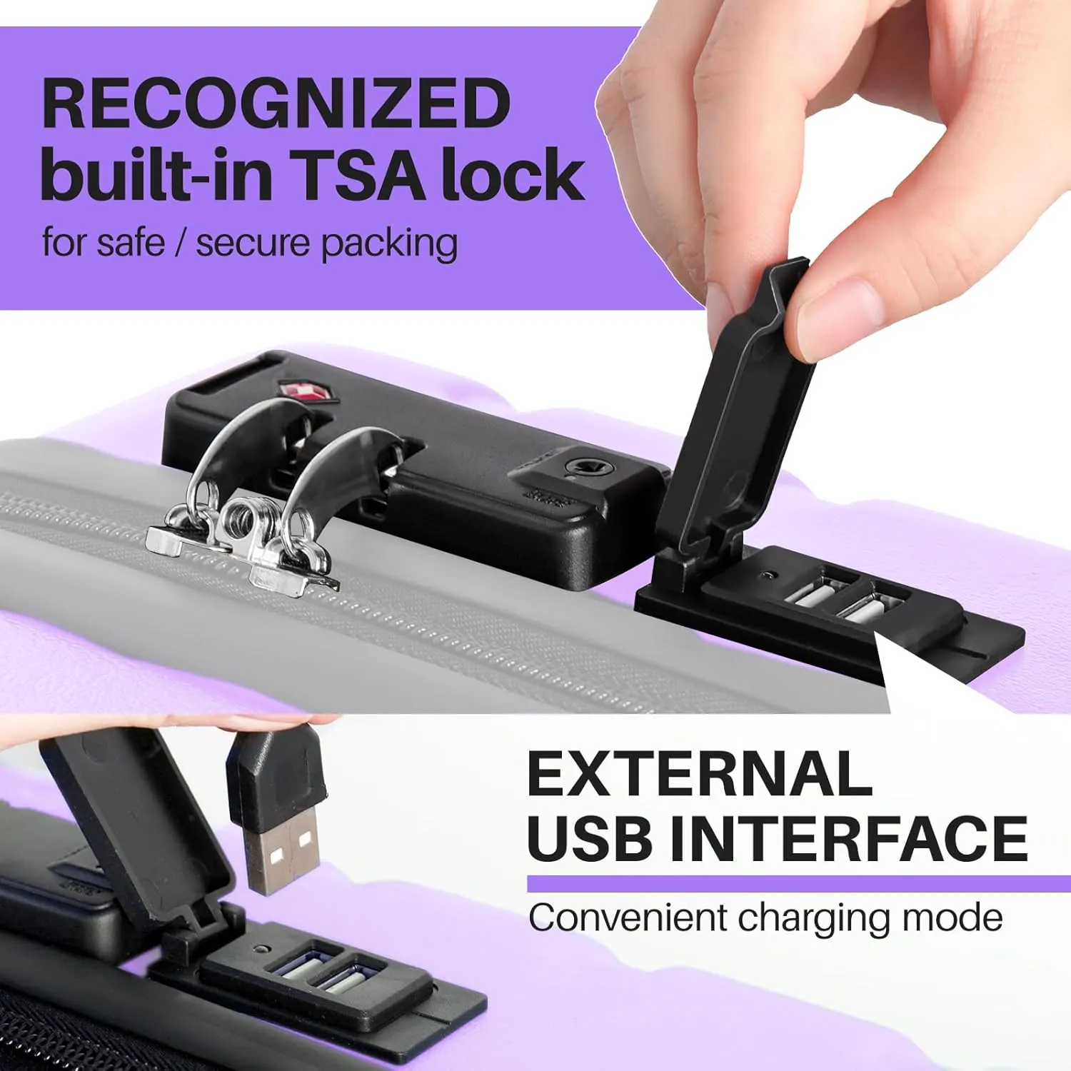 AnyZip Suitcase Hardside PC ABS Lightweight USB Luggage with Wheels TSA Lock Checked-Large 28 Inch Violet Purple