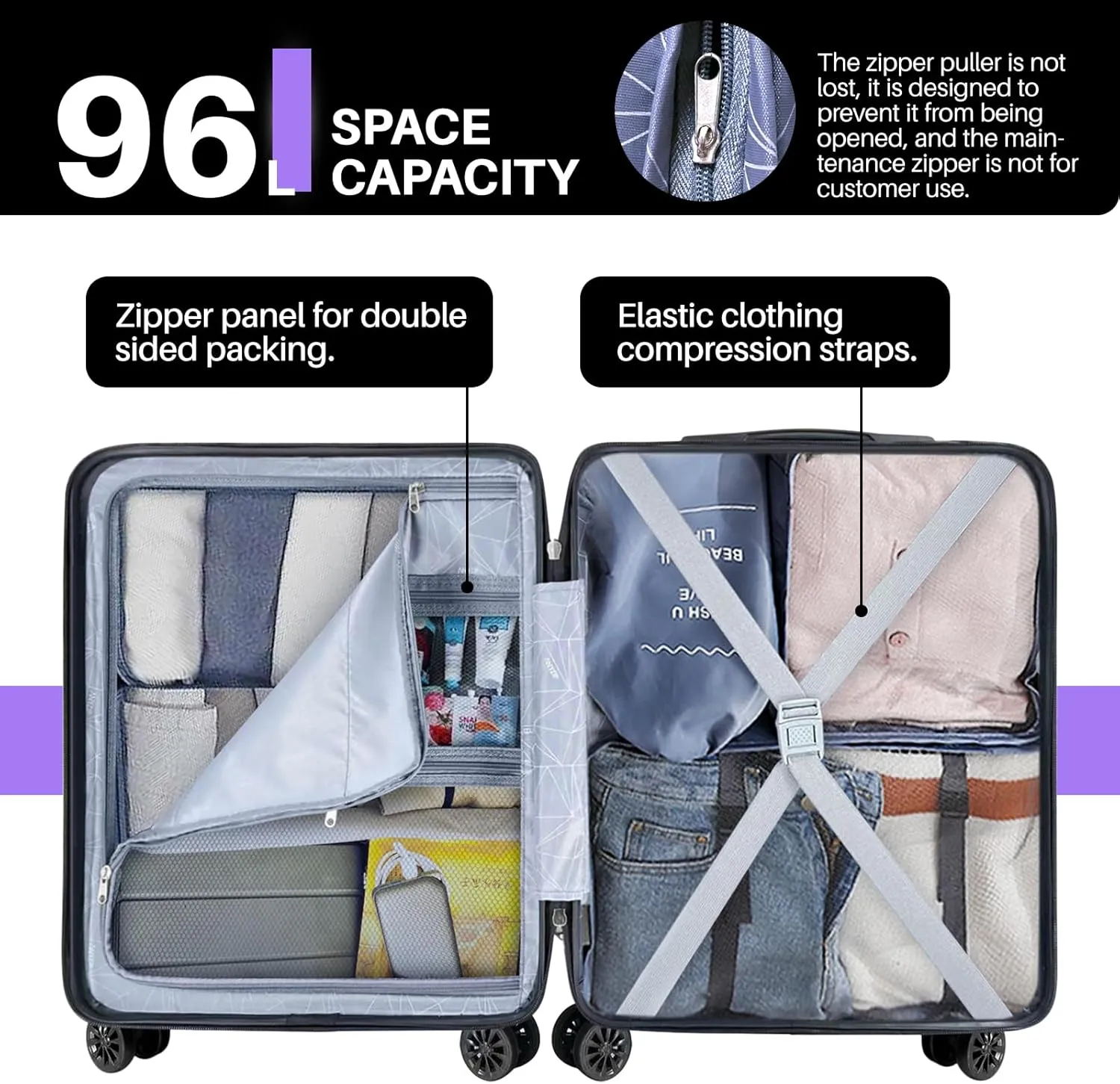 AnyZip Suitcase Hardside PC ABS Lightweight USB Luggage with Wheels TSA Lock Checked-Large 28 Inch Violet Purple