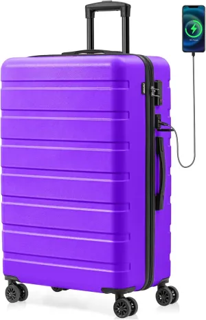 AnyZip Suitcase Hardside PC ABS Lightweight USB Luggage with Wheels TSA Lock Checked-Large 28 Inch Violet Purple