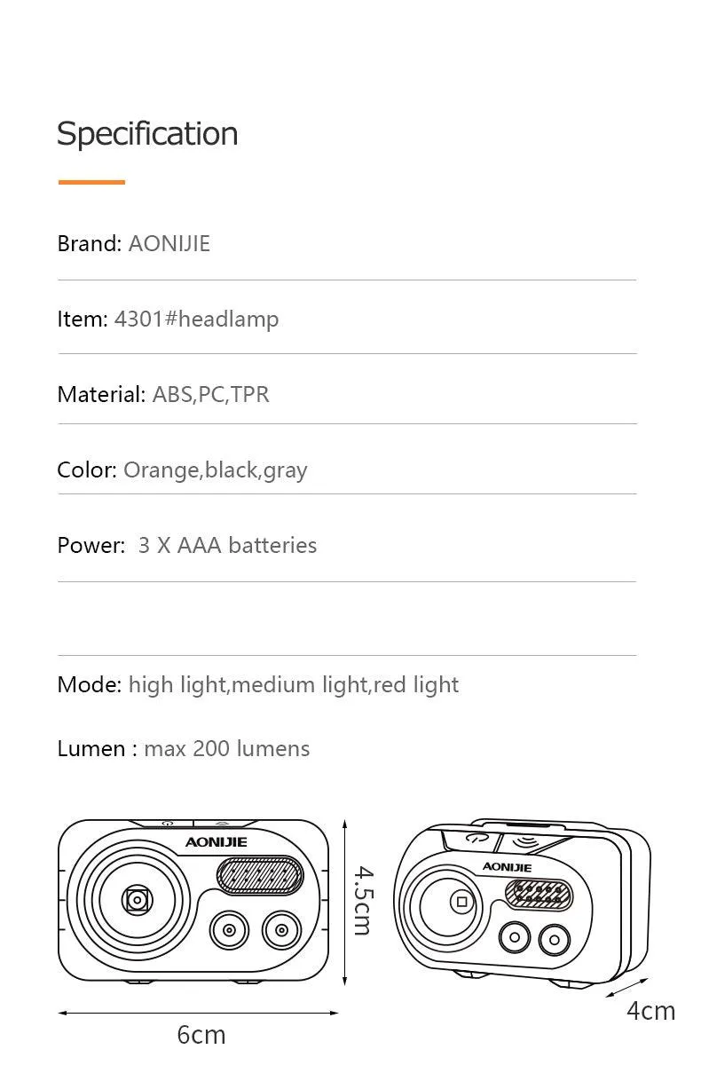 AONIJIE Sensor Headlamp 200 Lumens