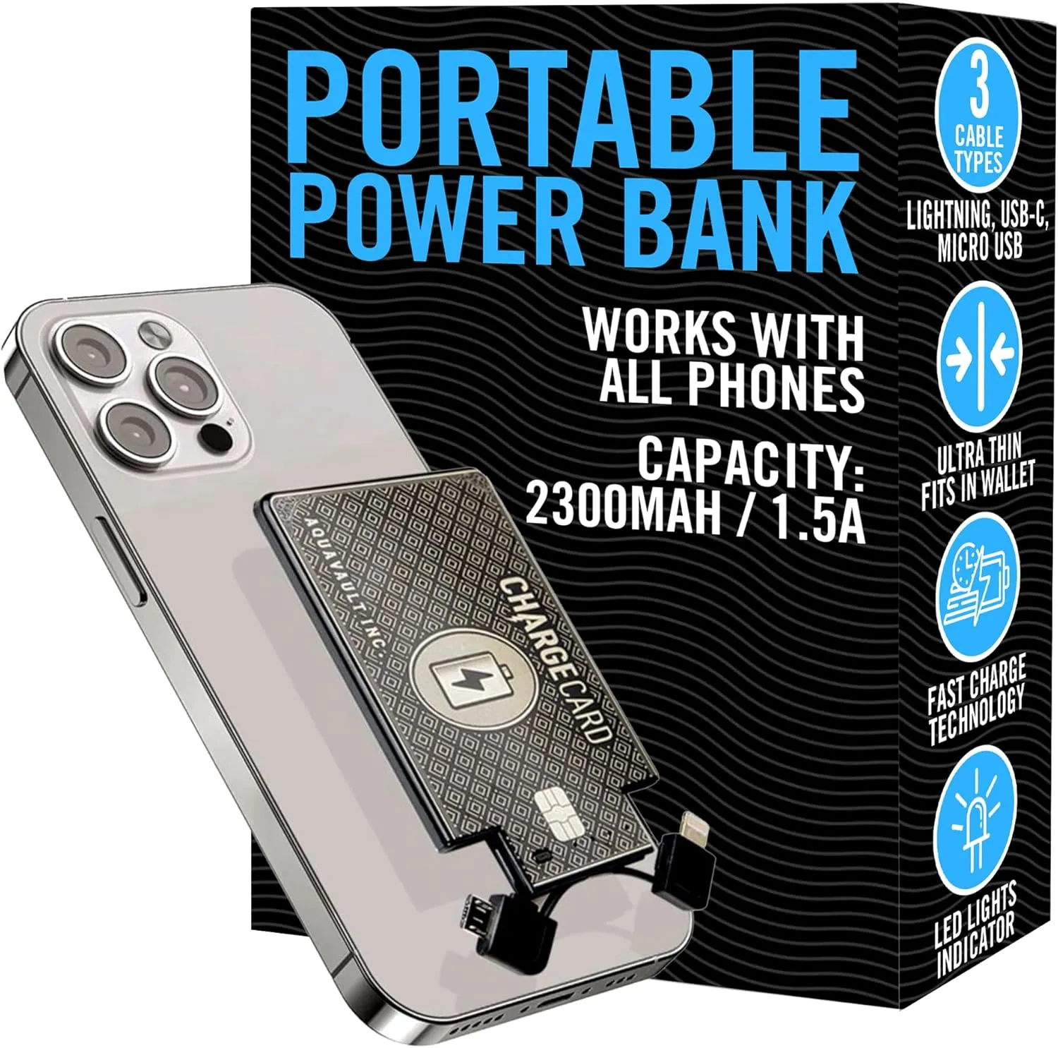AquaVault | Slim Powerbank | 2300 mAH and 1.5A Fast Charge | Fits in Wallet | USB-C, Micro-USB Charger | Works on iPhone 16/15/14/13/12 | Works on All Phones - (Black)