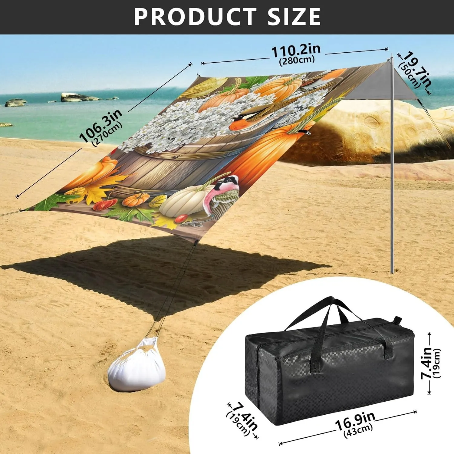 Autumn Birds Pumpkin Harvest Beach Canopy Tent Sun Shade Outdoor Patio Decorative Camping Shelter Backyard Shelters with Poles Sand Anchor 9.2 × 10.5 FT