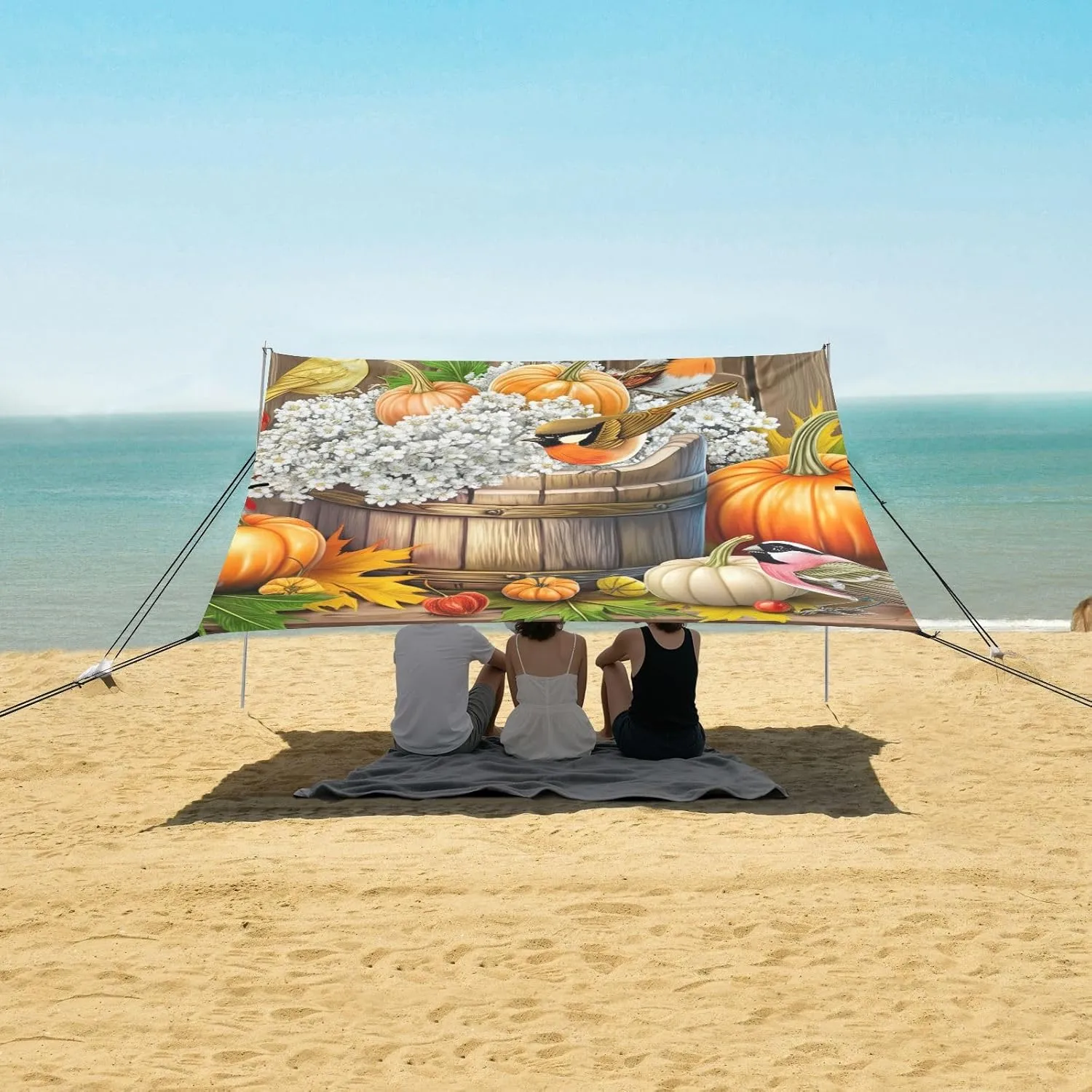 Autumn Birds Pumpkin Harvest Beach Canopy Tent Sun Shade Outdoor Patio Decorative Camping Shelter Backyard Shelters with Poles Sand Anchor 9.2 × 10.5 FT