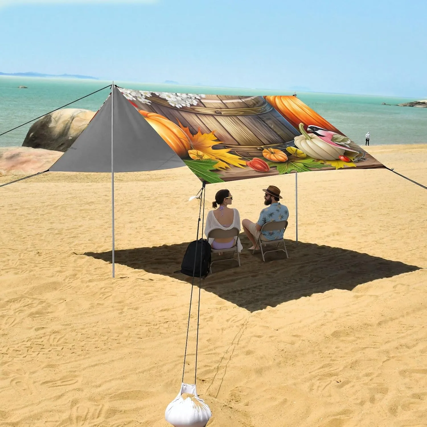 Autumn Birds Pumpkin Harvest Beach Canopy Tent Sun Shade Outdoor Patio Decorative Camping Shelter Backyard Shelters with Poles Sand Anchor 9.2 × 10.5 FT