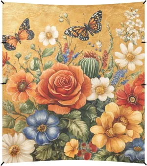 Autumn Flowers Rose Cactus Butterflies Bees Gold Foldable Beach Canopy UPF50 Easy Setup Portable Sun Shelter with Sandbags & Sand Shovel for Camping, Picnics, Backyard & Fishing